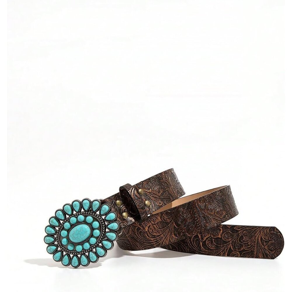 Women's Faux Leather Western Belt Turquoise Buckle Casual Dress Accessory - Picture 3 of 5
